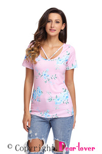 Sexy Strappy Neck Detail Pink Floral Short Sleeve T-shirt