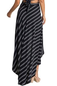 Sexy Stripe Print Asymmetrical Wrapped Black Maxi Skirt