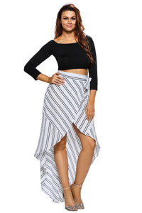 Sexy Stripe Print Asymmetrical Wrapped White Maxi Skirt