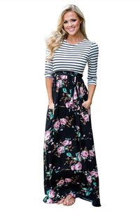 Sexy Striped Black Floral Skirt Maxi Dress with Tie Waist