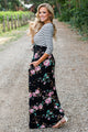 Sexy Striped Black Floral Skirt Maxi Dress with Tie Waist
