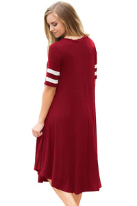 Sexy Striped Half Sleeves O Neck Flowy Jersey Dress in Red