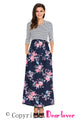 Sexy Striped Navy Blue Floral Skirt Maxi Dress with Tie Waist