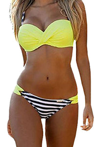 Sexy Striped Yellow Padded Gather Push-up Bikini Set