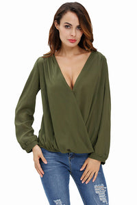 Sexy Stylish Army Green Crochet Back Wrap Front Blouse