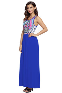 Sexy Stylish Aztec Print Sleeveless Royal Blue Maxi Dress