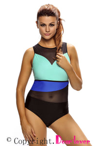 Sexy Stylish Colorblock Mesh Insert One Piece Swimsuit