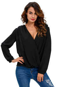 Sexy Stylish Crochet Back Wrap Front Black Blouse