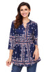 Sexy Stylish Floral Print Navy Chiffon Button-Down Pin Tuck Tunic