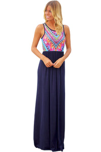 Sexy Stylish Tribal Print Sleeveless Navy Maxi Dress