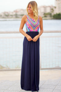 Sexy Stylish Tribal Print Sleeveless Navy Maxi Dress