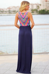 Sexy Stylish Tribal Print Sleeveless Navy Maxi Dress