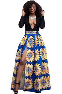 Sexy Sunflower Printed High Split Maxi Skirt