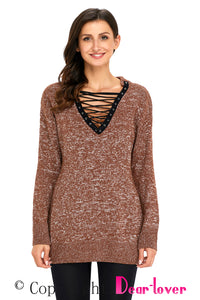 Sexy Tan Chic Long Sleeve Sweater with Lace up Neckline