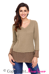 Sexy Tan Lace Sleeve and Hem Thermal Knit Sweater