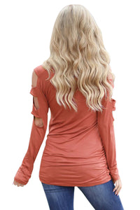 Sexy Tangerine Cut out Open Shoulder Ruched Side Blouse