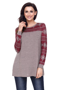 Sexy Taupe Burgundy Aztec Long Sleeve Top