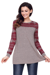 Sexy Taupe Burgundy Aztec Long Sleeve Top