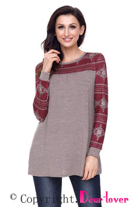 Sexy Taupe Burgundy Aztec Long Sleeve Top