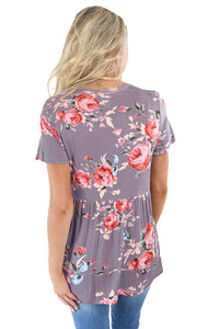 Sexy Taupe Floral Grommet Lace Up V Neck Loose Shirt