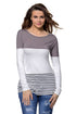 Sexy Taupe White Color Block Striped Long Sleeve Blouse Top