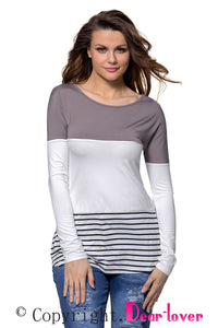 Sexy Taupe White Color Block Striped Long Sleeve Blouse Top