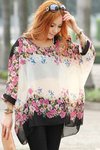 Sexy Transparent Chiffon Blouse with Floral Pattern