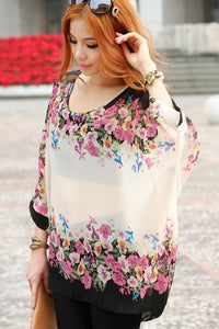 Sexy Transparent Chiffon Blouse with Floral Pattern