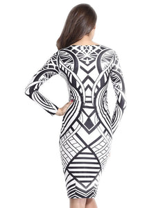 Sexy Tribal Aztec Black White Tight-fitting Midi Dress