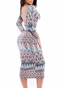 Sexy Tribal Print Scoop Back Long-sleeve Midi Dress