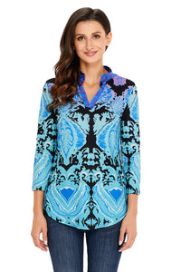 Sexy Turquoise Easily Obsessed Damask Print Split V Neck Tunic