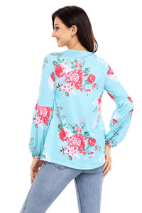 Sexy Turquoise Floral Criss Cross Long Sleeve Top