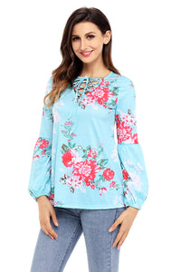 Sexy Turquoise Floral Criss Cross Long Sleeve Top