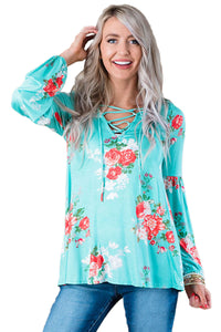 Sexy Turquoise Floral Criss Cross Long Sleeve Top