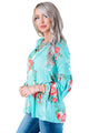 Sexy Turquoise Floral Criss Cross Long Sleeve Top