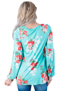 Sexy Turquoise Floral Criss Cross Long Sleeve Top