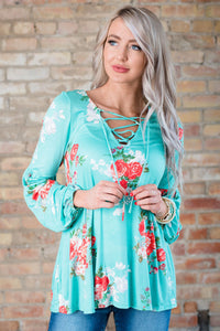 Sexy Turquoise Floral Criss Cross Long Sleeve Top