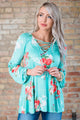 Sexy Turquoise Floral Criss Cross Long Sleeve Top