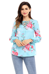 Sexy Turquoise Floral Criss Cross Long Sleeve Top