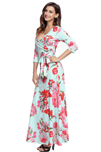 Sexy Turquoise Floral Print Wrapped Long Boho Dress