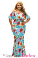 Sexy Turquoise Roses Print Off-the-shoulder Maxi Dress