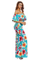 Sexy Turquoise Roses Print Off-the-shoulder Maxi Dress