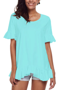 Sexy Turquoise Ruffle Trim Short Sleeve Flowy Top