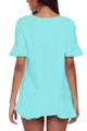 Sexy Turquoise Ruffle Trim Short Sleeve Flowy Top