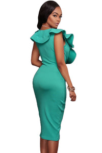 Sexy Turquoise Ruffle V Neck Bodycon Midi Dress