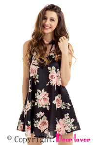 Sexy V Cut out Blooming Floral Print Black Background Dress