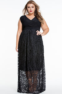 Sexy V Neck Floral Lace Maxi Skirt Plus Dress