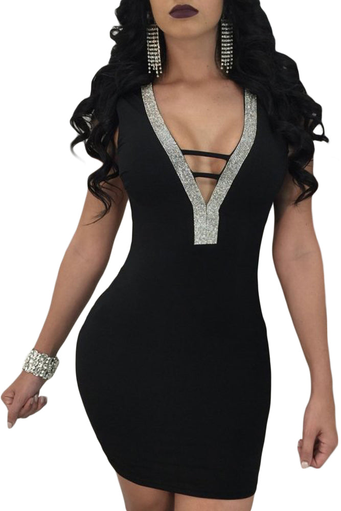 Sexy V Neck Hollow-out Silver Trim Black Bodycon Prom Dress SEXY AFFORDABLE CLOTHING Sexy V Neck Hollow-out Silver Trim Black Bodycon Prom Dress SEXY AFFORDABLE CLOTHING