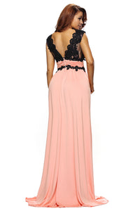 Sexy V Neck Lace Bodice Contrast Maxi Evening Dress