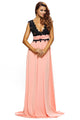 Sexy V Neck Lace Bodice Contrast Maxi Evening Dress